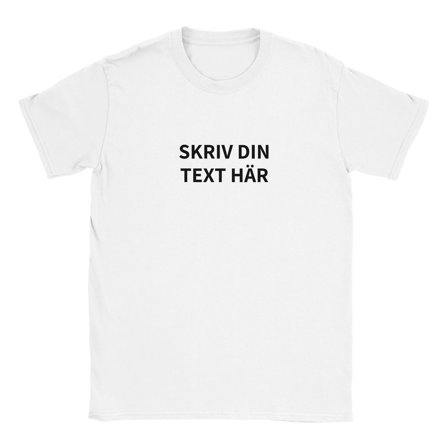 Vit t-shirt med möjligheten att anpassa text och bild. Designa din egen tröja med tryck - herr och dam. Gör din egen tröja enkelt.